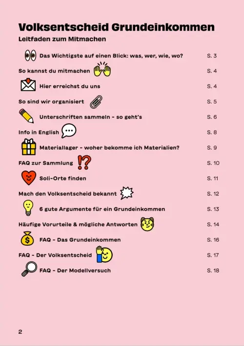 Bild des Inhaltsverzeichnisses des Sammelleitfadens der Expedition Grundeinkommen